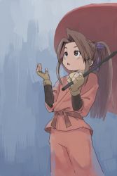 Rule 34 | 1girl, brown eyes, brown hair, female focus, fingerless gloves, fujibayashi suzu, gloves, japanese clothes, long hair, open mouth, pants, ponytail, scarf, solo, tales of (series), tales of phantasia, umbrella