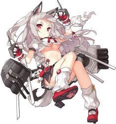 Rule 34 | 1girl, animal ears, artist request, azur lane, breasts, fake animal ears, fingerless gloves, full body, gloves, long hair, looking at viewer, machinery, nail polish, navel, official art, pleated skirt, red eyes, school uniform, serafuku, silver hair, simple background, skirt, solo, stuffed wolf, tail, tattoo, transparent background, turret, underboob, wolf tail, yuudachi (azur lane)