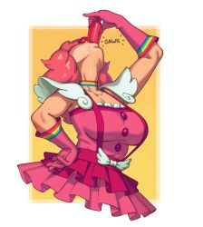 Rule 34 | 1girl, absurdres, ace attorney, balloon, blush, breasts, choker, cleavage, clown, clown nose, dress, fellatio, frills, geiru toneido, gloves, highres, holding, large breasts, looking at viewer, makeup, medium hair, multicolored clothes, open mouth, oral, phallic symbol, phoenix wright: ace attorney - spirit of justice, pink dress, pink gloves, pink hair, rainbow, riz, saliva, sexually suggestive, simulated fellatio, sleeveless, smile, solo, suspenders