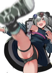 Rule 34 | 1girl, absurdres, amano don, animal ears, arknights, black panties, blue dress, blush, breasts, brown eyes, cameltoe, dress, eyewear on head, feater (arknights), foreshortening, grey hair, grey jacket, highres, jacket, kicking, large breasts, long hair, long sleeves, looking at viewer, motion blur, multicolored hair, open clothes, open jacket, open mouth, panda ears, panties, round eyewear, short dress, simple background, smile, solo, split mouth, streaked hair, sunglasses, thigh strap, twintails, underwear, white background