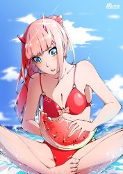 Rule 34 | 10s, 1girl, absurdres, bikini, blue eyes, blunt bangs, bow, breasts, cleavage, collarbone, darling in the franxx, floating hair, food, fruit, hair bow, highres, holding, holding food, horns, kuno (runkunochan), long hair, medium breasts, pink hair, ponytail, red bikini, red bow, shiny clothes, shiny skin, sitting, solo, sparkle, swimsuit, watermelon, zero two (darling in the franxx)