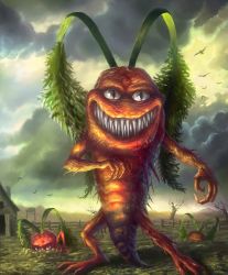 Rule 34 | 10s, artist request, bare tree, bird, carrot, cygames, fangs, farm, fence, food, grin, official art, shadowverse, shingeki no bahamut, slit pupils, smile, tree, ultimate carrot, vegetable, wasteland