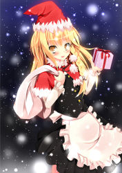 Rule 34 | 1girl, apron, black skirt, black vest, blonde hair, blush, bow, braid, brown eyes, buttons, commentary request, cookie (touhou), cowboy shot, frilled apron, frills, gift, hair bow, hat, highres, holding, holding gift, holding sack, kirisame marisa, long hair, looking at viewer, open mouth, sack, santa hat, side braid, single braid, skirt, smile, snow, snowing, solo, szk, touhou, uzuki (cookie), vest, waist apron, white apron, white bow