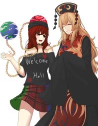 Rule 34 | 2girls, :d, ^ ^, bare shoulders, black dress, black shirt, blonde hair, chain, chinese clothes, closed eyes, clothes writing, collar, cowboy shot, dress, earth (ornament), english text, hands in opposite sleeves, hat, headdress, hecatia lapislazuli, highres, junko (touhou), long hair, long sleeves, looking at another, miniskirt, multicolored clothes, multicolored skirt, multiple girls, off-shoulder shirt, off shoulder, open mouth, ozu (agito100001), plaid, plaid skirt, red eyes, red hair, shirt, short sleeves, skirt, sleeves past wrists, smile, standing, t-shirt, tabard, touhou, very long hair, white background, wide sleeves