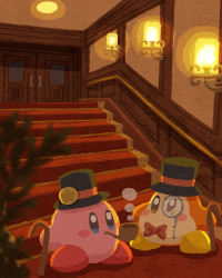 Rule 34 | blush, bow, bowtie, candle, carpet, door, fire, hat, highres, kirby, kirby (series), light, looking at another, miclot, monocle, nintendo, no humans, plant, potted plant, smoke, smoking, smoking pipe, staff, stairs, star (symbol), waddle dee, wooden door