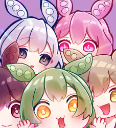 Rule 34 | 5girls, :3, against fourth wall, animal ears, ankomon, bright pupils, brown hair, cheek press, close-up, closed mouth, commentary, double-parted bangs, green hair, grey eyes, light brown hair, looking at viewer, multiple girls, no nose, open mouth, parted lips, pink background, pink eyes, pink hair, red eyes, shin (83211021), short hair, smile, symbol-only commentary, thick outlines, voiceroid, voicevox, white hair, white pupils, yellow eyes, zundamon