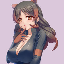 Rule 34 | 10s, 1girl, animal ears, black hair, breasts, cleavage, finger to mouth, gloves, gradient hair, grey background, highres, hippopotamus (kemono friends), hippopotamus ears, kemono friends, large breasts, long hair, looking at viewer, multicolored hair, open mouth, red eyes, red gloves, red hair, simple background, sion (sion9117ys), solo, two-tone hair, upper body