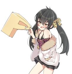 Rule 34 | 1girl, 1other, aa211108, black hair, black skirt, blush, commentary request, fur-trimmed jacket, fur trim, hand in pocket, idolmaster, idolmaster cinderella girls, jacket, jacket partially removed, korean commentary, looking at another, matoba risa, off-shoulder shirt, off shoulder, p-head producer, pinching, pleated skirt, producer (idolmaster), shirt, simple background, skirt, smile, twintails, white background