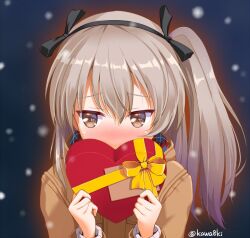 Rule 34 | 1girl, averting eyes, black ribbon, blush, box, brown coat, brown eyes, coat, commentary request, covering own mouth, gift, girls und panzer, hair ribbon, heart-shaped box, holding, holding gift, kawa8ki, light brown hair, long hair, long sleeves, night, one side up, outdoors, ribbon, shimada arisu, snowing, solo, twitter username, valentine, winter clothes