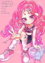 Rule 34 | 1girl, absurdres, closed mouth, commentary request, cross-laced footwear, facial mark, hair ornament, hairclip, heart, heart facial mark, heart hair ornament, highres, leg warmers, long hair, looking at viewer, loving aura, nintendo, octoling, octoling girl, octoling player character, payayo884, pink background, pink eyes, pink footwear, pink hair, shoes, simple background, smile, solo, splatoon (series), tentacle hair, translation request, v