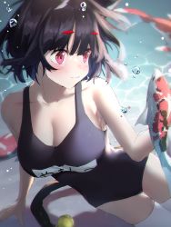 Rule 34 | 1girl, air bubble, animal ear fluff, animal ears, armpits, azur lane, bell, black hair, blush, breasts, bubble, cat ears, cleavage, commentary request, cotton kanzaki, fish, floating hair, highres, koi, large breasts, looking at animal, official alternate costume, one-piece swimsuit, red eyes, school swimsuit, short hair, solo, swimming, swimsuit, tail, underwater, yamashiro (azur lane), yamashiro (summer offensive?) (azur lane)