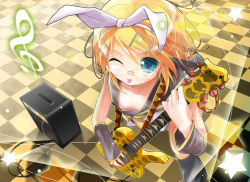 Rule 34 | 1girl, ;p, blonde hair, blue eyes, breasts, cleavage, downblouse, from above, glasses, guitar, hair ornament, hair ribbon, hairclip, instrument, kagamine rin, mockingbird(guitar), musical note, nipple slip, nipples, one eye closed, porurin (do-desho), ribbon, short hair, small breasts, smile, solo, speaker, tongue, tongue out, vocaloid, wink