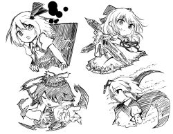 Rule 34 | 4girls, antennae, ascot, bow, cape, cirno, closed mouth, collared shirt, fingernails, greyscale, hair bow, hair ribbon, hand on own chest, hat, highres, ice, juliet sleeves, long fingernails, long sleeves, looking at another, mob cap, monochrome, multiple girls, music, mystia lorelei, open mouth, outstretched hand, puffy short sleeves, puffy sleeves, ribbon, rumia, shinmon akika, shirt, short hair, short sleeves, simple background, singing, sketch, smile, team 9 (touhou), tomboy, touhou, upper body, v-shaped eyebrows, vest, white background, winged hat, wings, wriggle nightbug