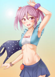 Rule 34 | 1girl, anti (untea9), aqua background, bell, bikini, bikini under clothes, blue bikini, blue skirt, blush, bracelet, breasts, clothes theft, collarbone, cowboy shot, frilled bikini, frills, gradient background, hair bell, hair bobbles, hair ornament, highres, jewelry, kantai collection, looking at viewer, one-piece swimsuit, open mouth, pink eyes, pink hair, polka dot, polka dot swimsuit, sazanami (kancolle), scrunchie, short hair, skirt, small breasts, smile, solo, swimsuit, swimsuit theft, swimsuit under clothes, theft, twintails, wrist scrunchie, yellow background