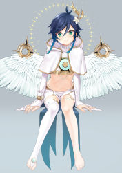 Rule 34 | 1boy, androgynous, barefoot, black hair, blue hair, braid, bridal gauntlets, capelet, chest tattoo, commentary, crop top, elbow gloves, feathered wings, flower, fukaya miku, genshin impact, gloves, gold trim, gradient hair, green eyes, hair flower, hair ornament, highres, hood, hooded capelet, leg tattoo, looking at viewer, male focus, multicolored hair, official alternate costume, shirt, short hair with long locks, shorts, side braids, single thighhigh, sitting, smile, solo, tattoo, thighhighs, toeless legwear, twin braids, venti (archon) (genshin impact), venti (genshin impact), white flower, white gloves, white shirt, white shorts, white wings, wings