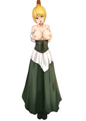 Rule 34 | 1girl, arms behind back, asphyxiation, assisted exposure, bare shoulders, bdsm, blonde hair, blue eyes, bondage, bound, breasts, clothes pull, corset, crying, crying with eyes open, daydream (zhdkffk21), dress, dying, empty eyes, execution, green dress, green footwear, green legwear, hanged, highres, humiliation, large breasts, nipples, no bra, noose, peril, rope, shirt pull, short hair, simple background, solo, tears, third-party edit, tongue, tongue out, white background