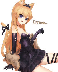 Rule 34 | 1girl, absurdres, alternate hair length, alternate hairstyle, animal ears, black dress, black gloves, blonde hair, blue eyes, breasts, cat ears, cat girl, cat tail, dress, elbow gloves, evening gown, girls&#039; frontline, gloves, hair between eyes, highres, icenight, idw (cat in the box) (girls&#039; frontline), idw (girls&#039; frontline), official alternate costume, paw pose, small breasts, solo, tail