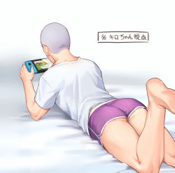 Rule 34 | 1boy, alternate costume, animal crossing, ass, blouse, buzz cut, casual, contemporary, dolphin shorts, foxvulpine, from behind, game console, golden kamuy, grey hair, handheld game console, holding, holding handheld game console, leg up, long sideburns, lying, male focus, nintendo, nintendo switch, on stomach, purple shorts, shiraishi yoshitake, shirt, short hair, shorts, sideburns, simple background, solo, thighs, very short hair, white shirt