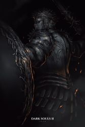 Rule 34 | armor, artist name, black background, copyright name, dark souls (series), dark souls ii, extra faces, from side, highres, holding, holding shield, ibuo (ibukht1015), looking glass knight, mirror, red eyes, shield, sword, thorns, weapon