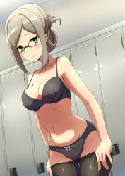 Rule 34 | 1girl, black bra, black panties, black pantyhose, blush, bra, breasts, cleavage, closed mouth, clothes pull, comala (komma la), folded ponytail, glasses, green eyes, grey hair, highres, indoors, kantai collection, katori (kancolle), large breasts, locker, locker room, panties, pantyhose, pantyhose pull, ponytail, solo, underwear, undressing