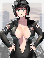 Rule 34 | 1girl, benten (urusei yatsura), black bodysuit, bodysuit, breasts, center opening, cleavage, closed mouth, eyewear on head, goggles, goggles on head, green eyes, hand on own hip, hands on own hips, highres, jacket, kenken28937178, large breasts, long sleeves, looking at viewer, no bra, open clothes, open jacket, short hair, signature, skin tight, smile, solo, standing, unzipped, upper body, urusei yatsura, zipper