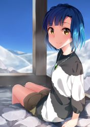 Rule 34 | 10s, 1girl, 7zu7, blue hair, day, idolmaster, idolmaster million live!, jewelry, looking at viewer, nanao yuriko, necklace, short hair, shorts, sitting, sky, soaking feet, solo, steam, sweater, water, yellow eyes