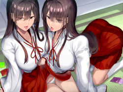 Rule 34 | 2girls, all fours, ass, breasts, bright pupils, brown eyes, brown hair, clothes lift, collarbone, condom, condom wrapper, eyes visible through hair, hair over one eye, hakama, hakama short skirt, hakama skirt, japanese clothes, kimono, kneehighs, large breasts, long hair, looking at viewer, miko, multiple girls, neropaso, original, panties, pleated skirt, red skirt, ribbon trim, sitting, skirt, skirt lift, socks, thigh gap, tongue, tongue out, underwear, very long hair, white kimono, white legwear, white panties, wide sleeves