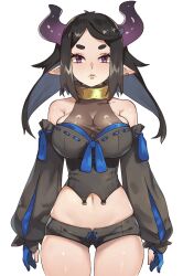 Rule 34 | 1girl, ahoge, black hair, black shorts, blue gloves, breasts, closed mouth, collar, colored inner hair, detached sleeves, earrings, gloves, grey hair, highres, horns, jewelry, large breasts, long hair, long sleeves, looking at viewer, metal collar, micro shorts, midriff, multicolored hair, navel, original, partially fingerless gloves, photo-referenced, pointy ears, purple eyes, shorts, simple background, solo, standing, straight-on, vins-mousseux, virtual youtuber, white background