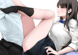 Rule 34 | 1boy, 1girl, banned artist, black hair, bow, breasts, brown eyes, fay (fay axl), large breasts, original, pleated skirt, school uniform, shirt, skirt, thighs, white background, white shirt