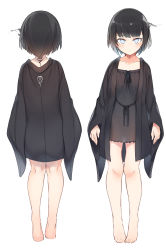 Rule 34 | 1girl, barefoot, black dress, black hair, blue eyes, closed mouth, collarbone, commission, dress, from behind, full body, highres, looking at viewer, naki (otokuyou), original, otokuyou, pixiv commission, short hair, simple background, solo, standing, toes, white background