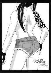 Rule 34 | 1girl, ass, azasuke, back, black lagoon, denim, denim shorts, fingerless gloves, from behind, gloves, greyscale, hand on own hip, highres, long hair, monochrome, non-web source, ponytail, revy (black lagoon), scan, short shorts, shorts, shoulder tattoo, solo, tattoo, topless, translation request