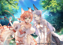 Rule 34 | 2girls, animal ears, bare shoulders, bell, bent over, boots, braid, breasts, cat ears, cat girl, cat tail, choker, cloud, cloudy sky, collarbone, commentary request, crown, unworn crown, day, dress, flower, forest, fox ears, fox girl, fox tail, french braid, gloves, grey eyes, hair between eyes, hair flower, hair ornament, hands on own knees, long hair, looking at viewer, medium breasts, multiple girls, nature, neck bell, open mouth, outdoors, parted bangs, pink hair, red pride of eden, shinia, short hair, short sleeves, showgirl skirt, sidelocks, silver hair, single braid, sky, sleeveless, sleeveless dress, strapless, strapless dress, tail, thigh boots, thighhighs, tree, white dress, white gloves, yellow eyes