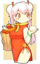 Rule 34 | 1girl, bachera, bag, banana, baozi, bare shoulders, blush stickers, bottle, breasts, brown background, carrot, closed mouth, commentary request, double bun, dress, food, fruit, grocery bag, hair bun, highres, holding, holding bag, holding food, long hair, medium breasts, milk bottle, original, paper bag, pelvic curtain, red dress, red eyes, shopping bag, sleeveless, sleeveless dress, solo, tomato, twintails, two-tone background, very long hair, white background, white hair
