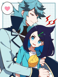 Rule 34 | 1boy, 1girl, aqua hair, black hair, black shirt, border, closed mouth, colored inner hair, commentary request, creatures (company), eyelashes, game freak, hair ornament, hairclip, heart, highres, hug, jacket, lightning bolt symbol, liko (pokemon), long sleeves, looking down, multicolored hair, nintendo, open clothes, open jacket, open mouth, pokemon, pokemon (anime), pokemon horizons, reisui (sui neko22), shirt, side cape, spinel (pokemon), spoken heart, sweatdrop, swept bangs, white border, white shirt, yellow bag