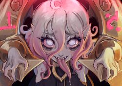 Rule 34 | 1girl, absurdres, ahoge, artist name, briar (league of legends), chained wrists, colored sclera, grey eyes, grey hair, hair between eyes, hands up, hexyraart, highres, league of legends, long tongue, looking at viewer, pink hair, pink sclera, pointy ears, sharp teeth, signature, smile, solo, teeth, tongue, tongue out, upper teeth only