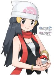 Rule 34 | 1girl, beanie, black eyes, black hair, blush, bracelet, closed mouth, copyright name, creatures (company), dawn (pokemon), eyelashes, game freak, hair ornament, hairclip, hat, highres, holding, holding poke ball, jewelry, long hair, looking at viewer, nintendo, omaru gyuunyuu, own hands together, poke ball, poke ball (basic), poke ball print, pokemon, pokemon dppt, red scarf, scarf, sleeveless, smile, solo, upper body, white hat