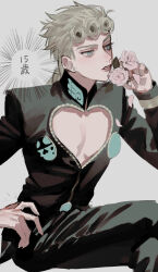 1boy arm_up black_jacket black_pants blonde_hair blue_eyes cleavage_cutout clothing_cutout flower giorno_giovanna hand_on_own_hip high_collar highres jacket jojo_no_kimyou_na_bouken long_sleeves looking_at_flowers male_focus medium_hair pants parted_lips rose simple_background smelling_flower solo teeth tem_1231 vento_aureo white_background white_flower white_rose