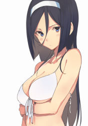 Rule 34 | 10s, 1girl, bikini, black hair, blue eyes, blush stickers, breast hold, breasts, cleavage, front-tie top, hair between eyes, hairband, hyouka, irisu fuyumi, large breasts, long hair, looking at viewer, shiny skin, shirabi, simple background, solo, swimsuit, underboob, upper body, white background, white bikini