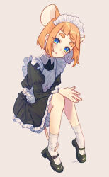 Rule 34 | + +, 1girl, :o, animal ears, apron, black dress, black footwear, blue eyes, blunt bangs, blush, collared dress, dress, female focus, grey background, head tilt, highres, maid, maid apron, maid headdress, mouse ears, mouse girl, mouse tail, naname (7name), orange hair, original, own hands together, simple background, sitting, socks, solo, tail, thick eyebrows, white socks