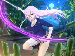Rule 34 | 1girl, ankle socks, bamboo, bamboo forest, bandage on thigh, blue shirt, breasts, brown eyes, clenched teeth, cosplay, forest, full moon, grey skirt, holding, holding sword, holding weapon, ikkitousen, kumi (senran kagura), large breasts, long hair, looking at viewer, moon, nature, night, official art, pink hair, plant, scabbard, senran kagura, senran kagura new link, sheath, shirt, skirt, slashing, smile, socks, sword, takezou shinmen, teeth, weapon, white shirt