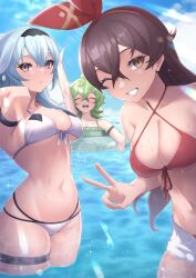 Rule 34 | 3girls, :d, ^ ^, amber (genshin impact), arm strap, bikini, black hairband, blue hair, blue sky, breasts, brown eyes, cleavage, closed eyes, cloud, collei (genshin impact), commentary request, criss-cross halter, day, eula (genshin impact), genshin impact, green bikini, green hair, grin, hairband, halterneck, highres, kirima (user danf8787), large breasts, long hair, looking at viewer, multiple girls, navel, one eye closed, open mouth, red bikini, short shorts, shorts, sky, smile, stomach, swimsuit, thigh strap, thighs, v, wading, water, white bikini, white shorts