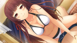 Rule 34 | 10s, 1girl, akinashi yuu, ao no kanata no four rhythm, ao no kanata no four rhythm -es-, bare arms, bare legs, bare shoulders, bed, bikini, blush, breasts, brown hair, bulge, game cg, girl on top, grinding, grinding over clothes, hime cut, indoors, kisaragi rei (aokana), large breasts, legs, long hair, looking at viewer, lying, navel, on bed, pov, red eyes, sitting, sitting on person, smile, solo focus, suzumori, swimsuit, teasing, thighs, white bikini