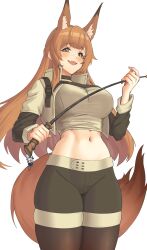 Rule 34 | 1girl, absurdres, animal ears, arknights, black choker, black shorts, black thighhighs, breasts, brown eyes, brown hair, choker, commentary request, cowboy shot, crop top, cropped jacket, fox ears, fox tail, franka (arknights), franka (rainforest me rainbow) (arknights), grey shirt, highres, holding, jacket, charm (object), large breasts, liskarm (arknights), long hair, long sleeves, looking at viewer, midriff, navel, official alternate costume, open clothes, open jacket, pantyhose, radioneet, riding crop, shirt, short shorts, shorts, skindentation, solo, standing, stomach, tail, thighhighs, thighhighs over pantyhose, very long hair