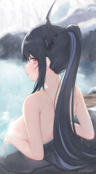 Rule 34 | 1girl, alternate hairstyle, bare shoulders, bathing, black hair, blue hair, blush, breasts, colored inner hair, demon horns, high ponytail, highres, hololive, hololive english, horns, large breasts, long hair, looking at viewer, mole, mole under eye, multicolored hair, nerissa ravencroft, onsen, outdoors, ponytail, solo, steam, two-tone hair, very long hair, virtual youtuber, zinkaa