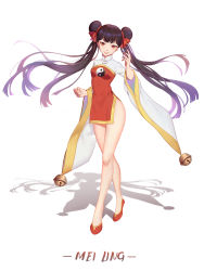 Rule 34 | 1girl, bell, black hair, cardcaptor sakura, character name, china dress, chinese clothes, double bun, dress, duximeng, floating hair, full body, hair ribbon, highres, jingle bell, li meiling, long hair, long sleeves, looking at viewer, no panties, parted lips, pelvic curtain, red eyes, red footwear, red ribbon, ribbon, shadow, short dress, simple background, smile, solo, twintails, very long hair, white background, wide sleeves