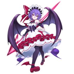 1girl alternate_costume artist_request bat_wings black_corset black_pantyhose commentary_request corset dress frilled_hairband frills gothic_wa_mahou_otome hairband looking_at_viewer official_art open_mouth pantyhose purple_hair red_eyes red_shoes remilia_scarlet second-party_source shoes smile solo spear_the_gungnir touhou touhou_gensou_eclipse transparent_background white_dress white_hairband wings