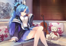 Rule 34 | 1girl, blue eyes, blue hair, bow, breasts, couch, cup, hair bow, holding, instrument, crossed legs, long hair, looking at viewer, matching hair/eyes, medium breasts, original, parted lips, pillow, ponytail, rain lan, sitting, skirt, solo, stuffed animal, stuffed toy, teacup, teddy bear, violin, window