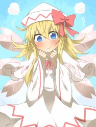 Rule 34 | 1girl, :t, angry, blonde hair, blue eyes, blush, bow, clenched hands, dress, hat, hat bow, lily white, nobamo pieruda, steam, tears, touhou, wavy mouth, white dress, wide sleeves, wings