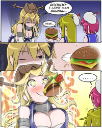 Rule 34 | ..., = =, admiral paru, arrow (symbol), aulick (azur lane), azur lane, bangs pinned back, beret, blonde hair, blue eyes, blush, breasts, charles ausburne (azur lane), cleavage, comic, commentary, crossover, dress, english commentary, english text, food, burger, hat, hat feather, iowa (kancolle), kantai collection, large breasts, o3o, recycling symbol, red hair, sailor dress, smile, spoken ellipsis, star-shaped pupils, star (symbol), sweat, symbol-shaped pupils, twitter username