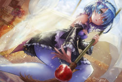 Rule 34 | 10s, 1girl, apple, artist name, blue eyes, blue hair, breasts, broom, curtains, dawito, day, detached sleeves, eyes visible through hair, flower, food, frilled sleeves, frills, from below, from side, fruit, fur trim, hair ornament, hair over one eye, holding, holding broom, indoors, maid, maid headdress, matching hair/eyes, medium breasts, open mouth, pantyhose, portrait (object), re:zero kara hajimeru isekai seikatsu, reaching, reaching towards viewer, rem (re:zero), ribbon-trimmed clothes, ribbon trim, solo, squatting, sunlight, vase, white pantyhose, window, x hair ornament